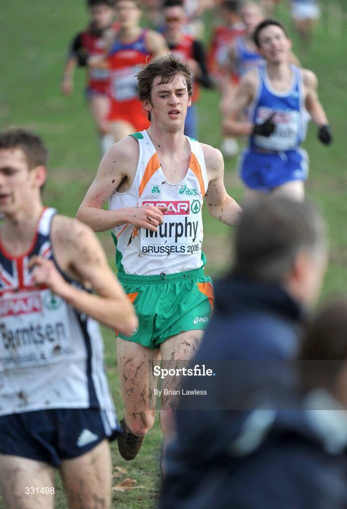 14 December 2008; Ireland's Craig Murphy crosses the finish line in 19th position in the Junior Men's event during the 2008 European Cross Country Championships. The Ireland Junior Women's team finished 4th overall. Parc de Laeken, Brussels, Belgium. Picture credit: Brian Lawless / SPORTSFILE