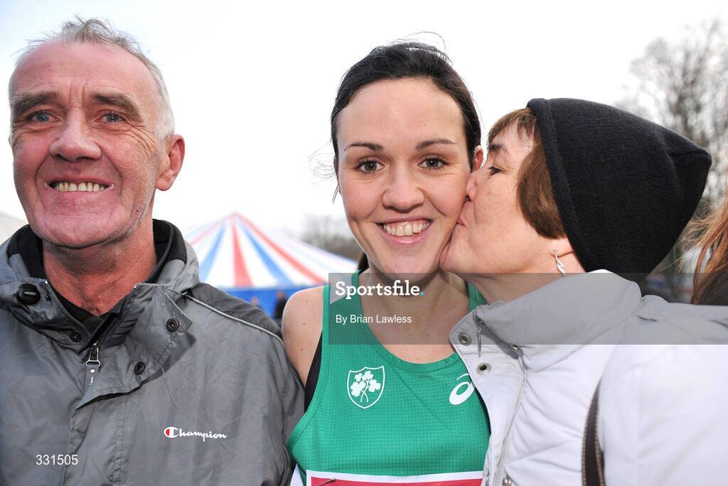 14 December 2008; Ireland's Mary Cullen with her parents Geraldine and Pat after finishing 4th in the Senior Women's event during the 2008 European Cross Country Championships. Parc de Laeken, Brussels, Belgium. Picture credit: Brian Lawless / SPORTSFILE