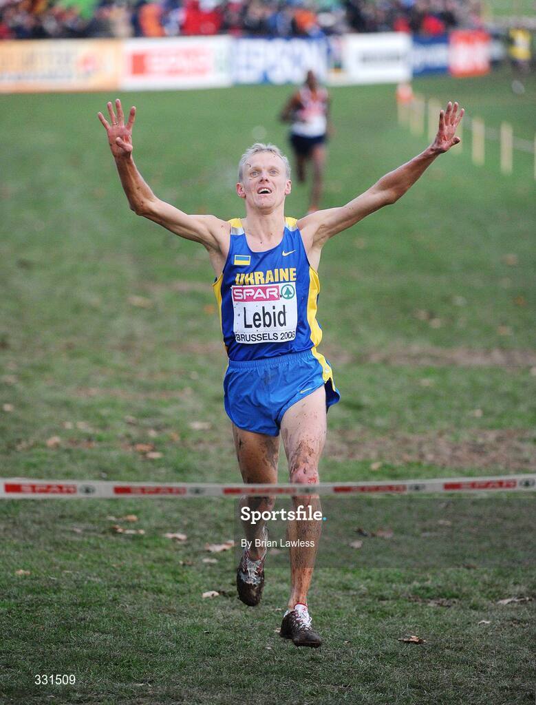 14 December 2008; Ukraine's Serhiy Lebid celebrates as he crosses the line to win the Senior Men's event during the 2008 European Cross Country Championships. Parc de Laeken, Brussels, Belgium. Picture credit: Brian Lawless / SPORTSFILE