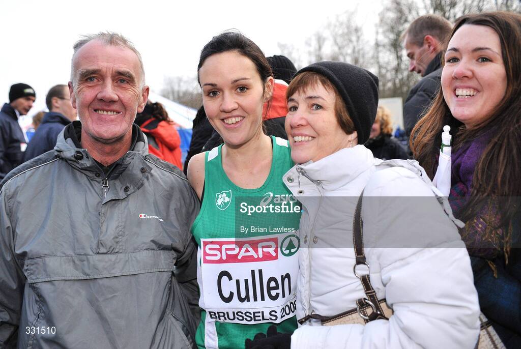 14 December 2008; Ireland's Mary Cullen with her parents Geraldine and Pat and sister Caroline after finishing 4th in the Senior Women's event during the 2008 European Cross Country Championships. Parc de Laeken, Brussels, Belgium. Picture credit: Brian Lawless / SPORTSFILE