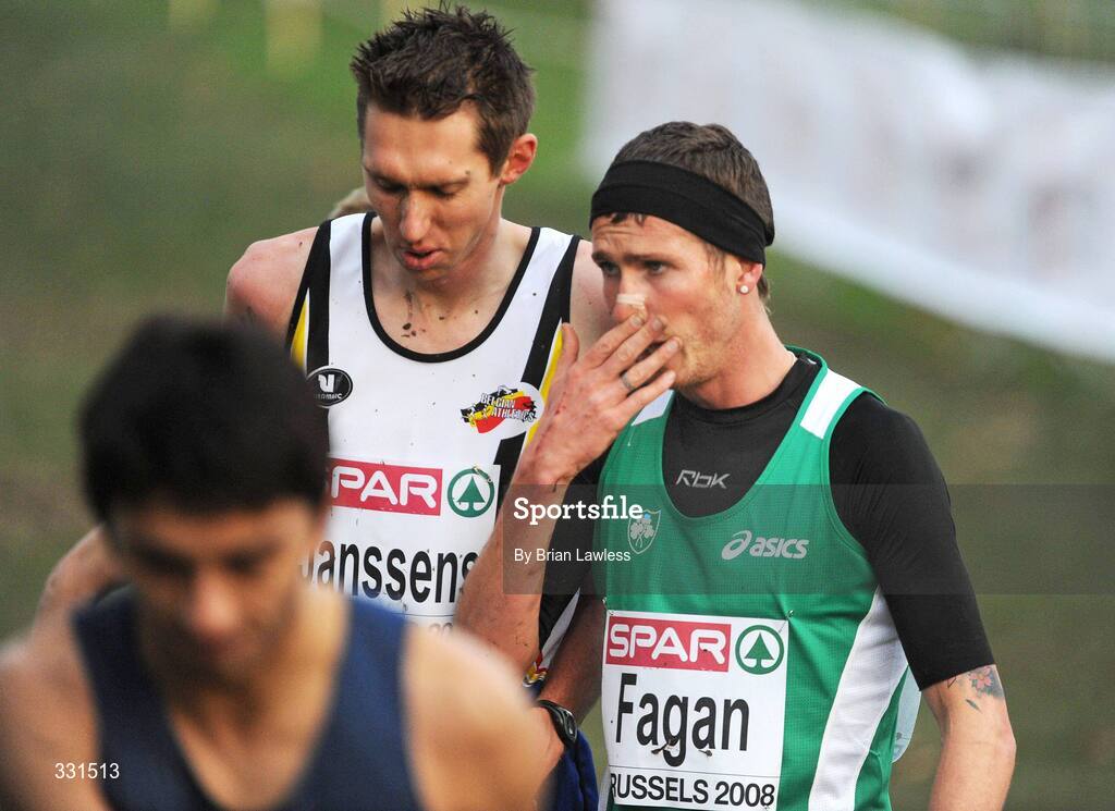 14 December 2008; Ireland's Martin Fagan shows his disappointment after finishing 24th, despite leading early on in the Senior Men's event during the 2008 European Cross Country Championships. Parc de Laeken, Brussels, Belgium. Picture credit: Brian Lawless / SPORTSFILE