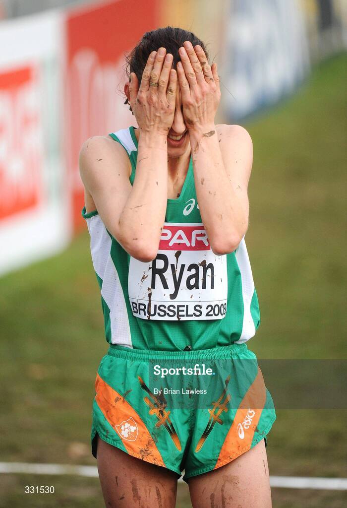 14 December 2008; Ireland's Rosemary Ryan shows her disappointment after finishing 41st in the Senior Women's event during the 2008 European Cross Country Championships. Parc de Laeken, Brussels, Belgium. Picture credit: Brian Lawless / SPORTSFILE