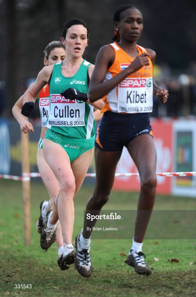 14 December 2008; Ireland's Mary Cullen trails eventual winner Hilda Kibet of the Netherlands on her way to finishing 4th in the Senior Women's event during the 2008 European Cross Country Championships. Parc de Laeken, Brussels, Belgium. Picture credit: Brian Lawless / SPORTSFILE