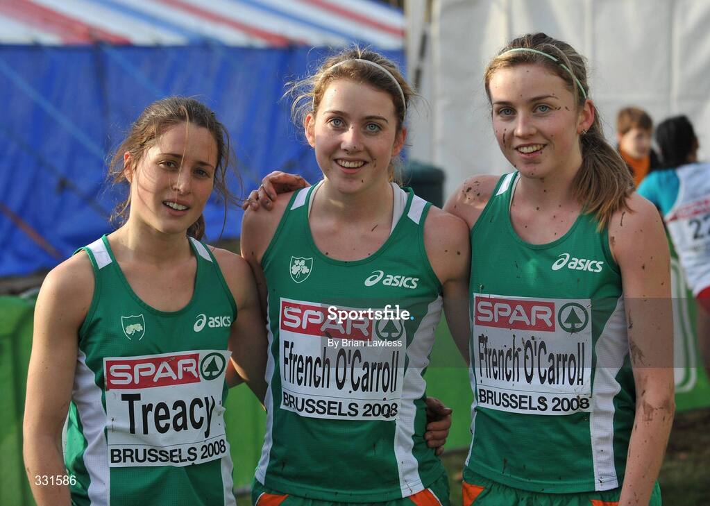 14 December 2008; Ireland's Sara Treacy, left, with twins Charlotte, centre, and Rebecca Ffrench O'Carroll after the Junior Women's event in which the Ireland team finished 4th. 2008 European Cross Country Championships. Parc de Laeken, Brussels, Belgium. Picture credit: Brian Lawless / SPORTSFILE