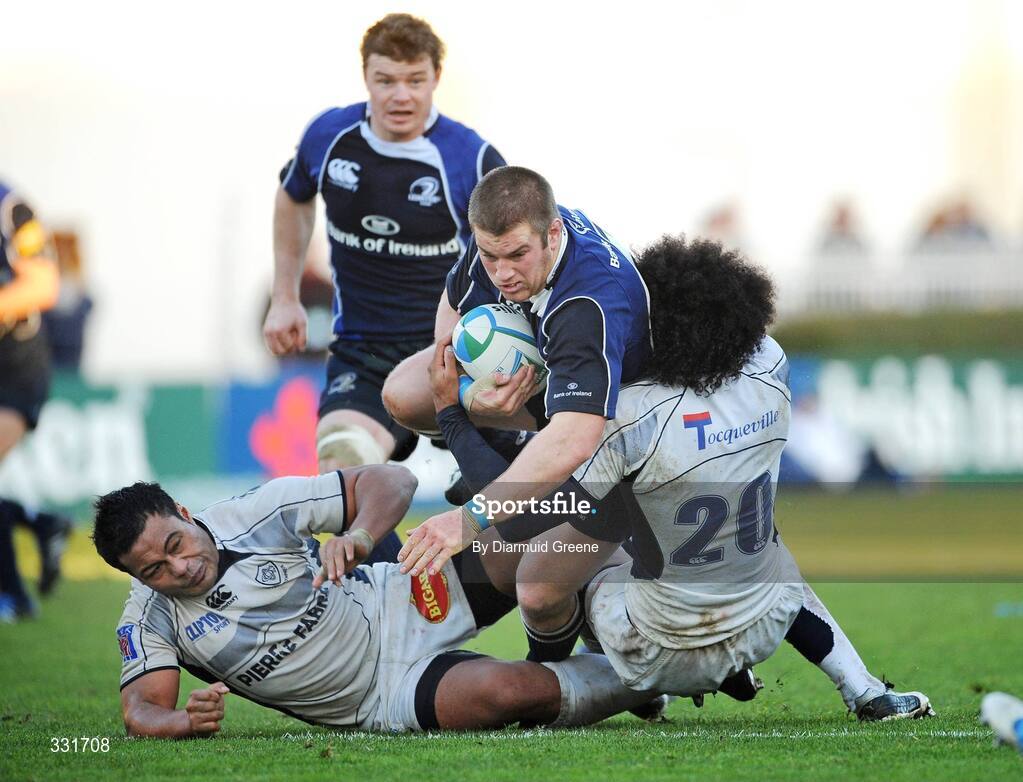 6 December 2008; Sean O'Brien, Leinster, is tackled by Steve Malonga, Castres Olympique. Heineken Cup, Pool 2, Round 3, Leinster v Castres Olympique, RDS, Dublin. Picture credit: Diarmuid Greene / SPORTSFILE