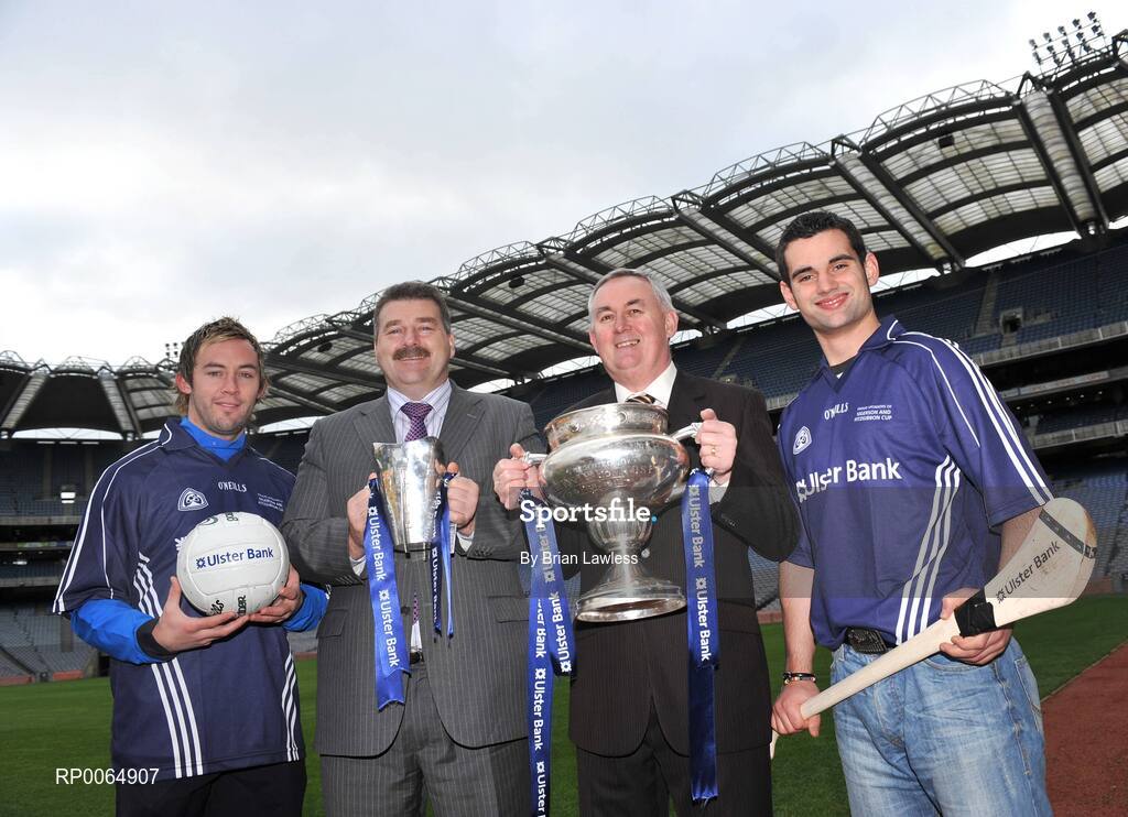 10 December 2008; Student GAA stars Conor Mortimer, DCU / Mayo, and Ray McLoughney, Waterford IT / Tipperary, are pictured pitch side in Croke Park with Christy Cooney, GAA President elect, and Seán Healy, Managing Director Sales Business Banking, Ulster Bank, as the 2009 Higher Education Championship draws took place. University of Ulster Jordanstown and Waterford Institute of Technology will defend their respective Ulster Bank Sigerson and Fitzgibbon Cup crowns in the highly anticipated 2009 Championships. Over 100 teams will be battling it in all divisions for a place at the finals weekend hosted by Cork Institute of Technology, football, and Trinity College Dublin, hurling. Croke Park, Dublin. Picture credit: Brian Lawless / SPORTSFILE