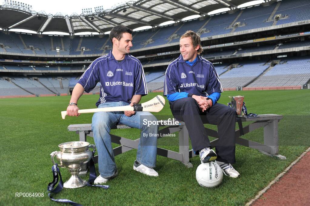 10 December 2008; Student GAA stars Ray McLoughney, Waterford IT / Tipperary and Conor Mortimer, DCU / Mayo, are pictured pitch side in Croke Park as the 2009 Higher Education Championship draws took place. University of Ulster Jordanstown and Waterford Institute of Technology will defend their respective Ulster Bank Sigerson and Fitzgibbon Cup crowns in the highly anticipated 2009 Championships. Over 100 teams will be battling it in all divisions for a place at the finals weekend hosted by Cork Institute of Technology, football, and Trinity College Dublin, hurling. Croke Park, Dublin. Picture credit: Brian Lawless / SPORTSFILE