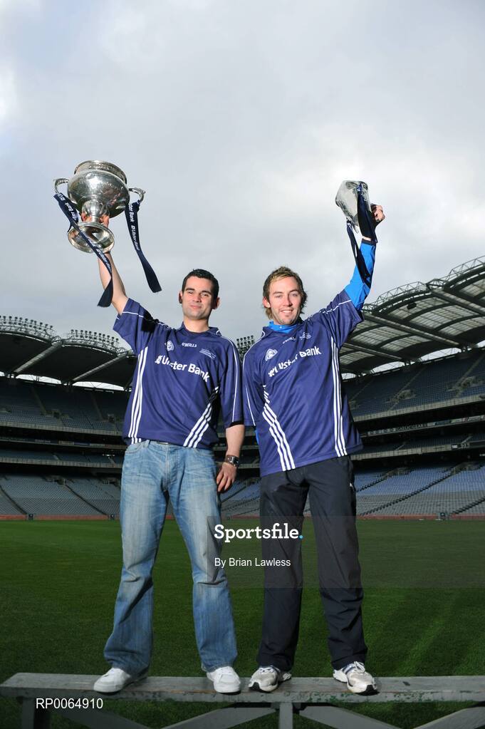 10 December 2008; Student GAA stars Ray McLoughney, Waterford IT / Tipperary and Conor Mortimer, DCU / Mayo, are pictured pitch side in Croke Park as the 2009 Higher Education Championship draws took place. University of Ulster Jordanstown and Waterford Institute of Technology will defend their respective Ulster Bank Sigerson and Fitzgibbon Cup crowns in the highly anticipated 2009 Championships. Over 100 teams will be battling it in all divisions for a place at the finals weekend hosted by Cork Institute of Technology, football, and Trinity College Dublin, hurling. Croke Park, Dublin. Picture credit: Brian Lawless / SPORTSFILE