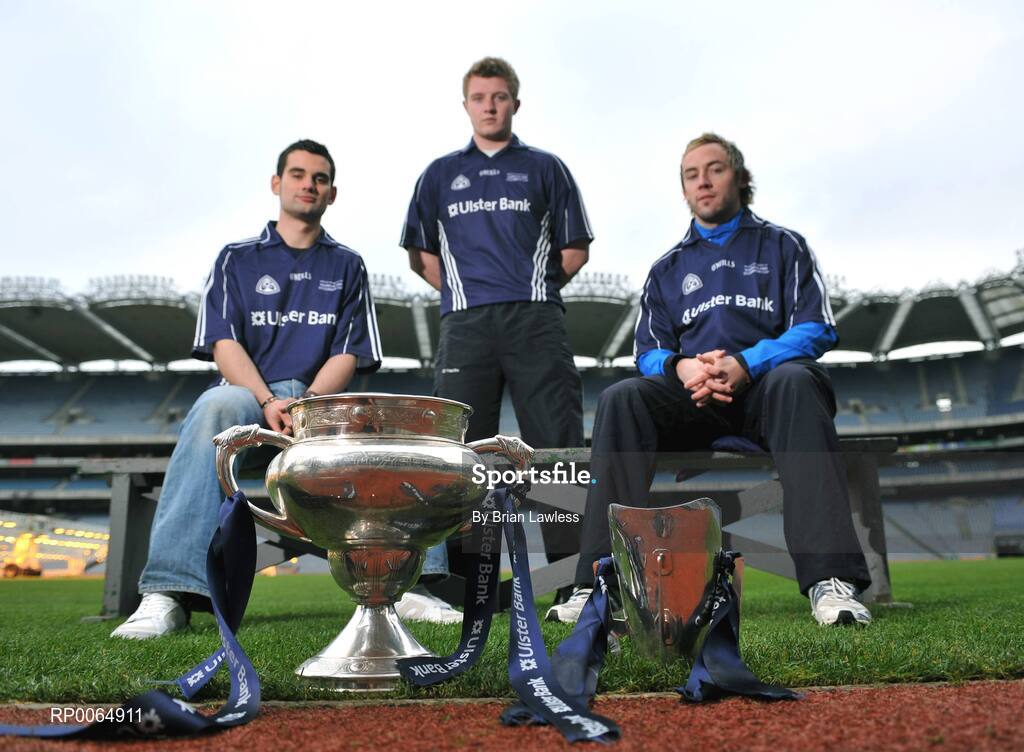 10 December 2008; Student GAA stars Ray McLoughney, Waterford IT / Tipperary, Joe Canning, Limerick IT / Galway, and Conor Mortimer, DCU / Mayo, are pictured pitch side in Croke Park as the 2009 Higher Education Championship draws took place. University of Ulster Jordanstown and Waterford Institute of Technology will defend their respective Ulster Bank Sigerson and Fitzgibbon Cup crowns in the highly anticipated 2009 Championships. Over 100 teams will be battling it in all divisions for a place at the finals weekend hosted by Cork Institute of Technology, football, and Trinity College Dublin, hurling. Croke Park, Dublin. Picture credit: Brian Lawless / SPORTSFILE