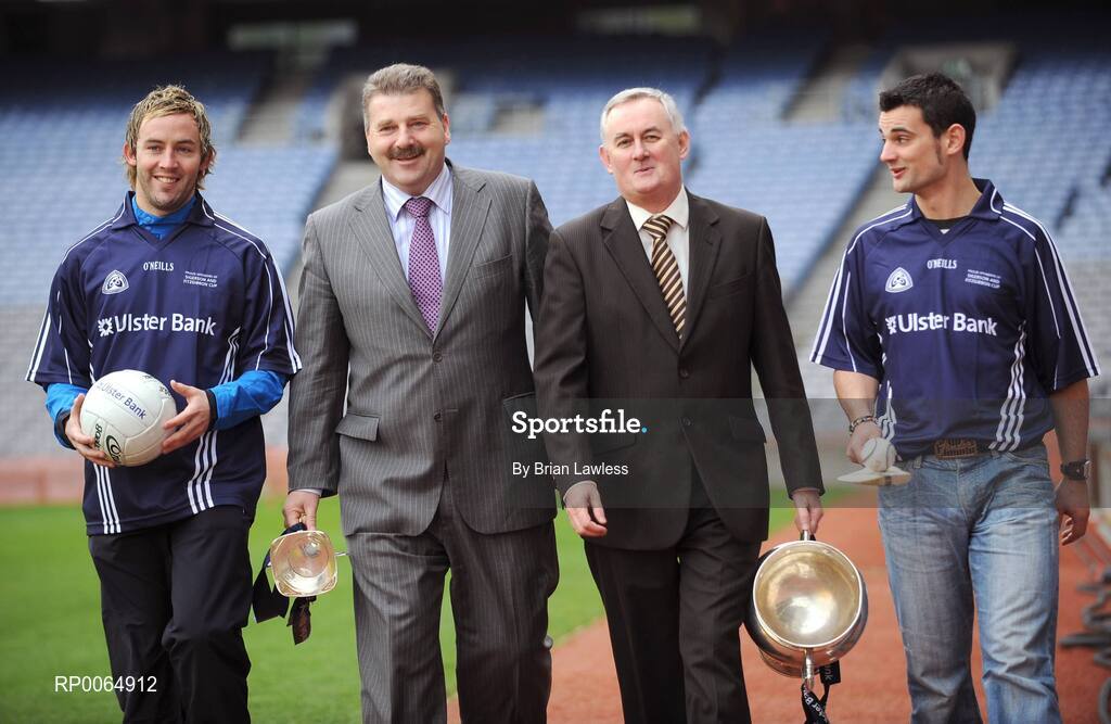 10 December 2008; Student GAA stars Conor Mortimer, DCU / Mayo, and Ray McLoughney, Waterford IT / Tipperary, are pictured pitch side in Croke Park with Christy Cooney, GAA President elect, and Seán Healy, Managing Director Sales Business Banking, Ulster Bank, as the 2009 Higher Education Championship draws took place. University of Ulster Jordanstown and Waterford Institute of Technology will defend their respective Ulster Bank Sigerson and Fitzgibbon Cup crowns in the highly anticipated 2009 Championships. Over 100 teams will be battling it in all divisions for a place at the finals weekend hosted by Cork Institute of Technology, football, and Trinity College Dublin, hurling. Croke Park, Dublin. Picture credit: Brian Lawless / SPORTSFILE