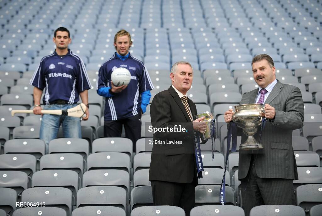 10 December 2008; Student GAA stars Conor Mortimer, DCU / Mayo, and Ray McLoughney, Waterford IT / Tipperary, are pictured pitch side in Croke Park with Christy Cooney, GAA President elect, and Seán Healy, Managing Director Sales Business Banking, Ulster Bank, as the 2009 Higher Education Championship draws took place. University of Ulster Jordanstown and Waterford Institute of Technology will defend their respective Ulster Bank Sigerson and Fitzgibbon Cup crowns in the highly anticipated 2009 Championships. Over 100 teams will be battling it in all divisions for a place at the finals weekend hosted by Cork Institute of Technology, football, and Trinity College Dublin, hurling. Croke Park, Dublin. Picture credit: Brian Lawless / SPORTSFILE