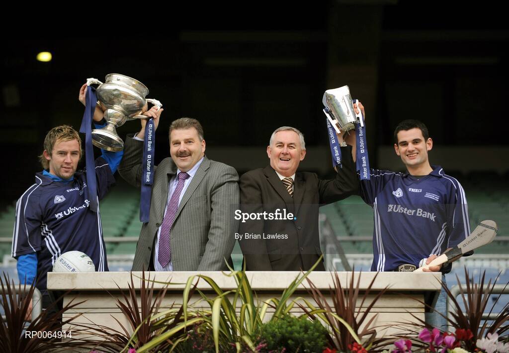 10 December 2008; Student GAA stars Conor Mortimer, DCU / Mayo, and Ray McLoughney, Waterford IT / Tipperary, are pictured pitch side in Croke Park with Christy Cooney, GAA President elect, and Seán Healy, Managing Director Sales Business Banking, Ulster Bank, as the 2009 Higher Education Championship draws took place. University of Ulster Jordanstown and Waterford Institute of Technology will defend their respective Ulster Bank Sigerson and Fitzgibbon Cup crowns in the highly anticipated 2009 Championships. Over 100 teams will be battling it in all divisions for a place at the finals weekend hosted by Cork Institute of Technology, football, and Trinity College Dublin, hurling. Croke Park, Dublin. Picture credit: Brian Lawless / SPORTSFILE