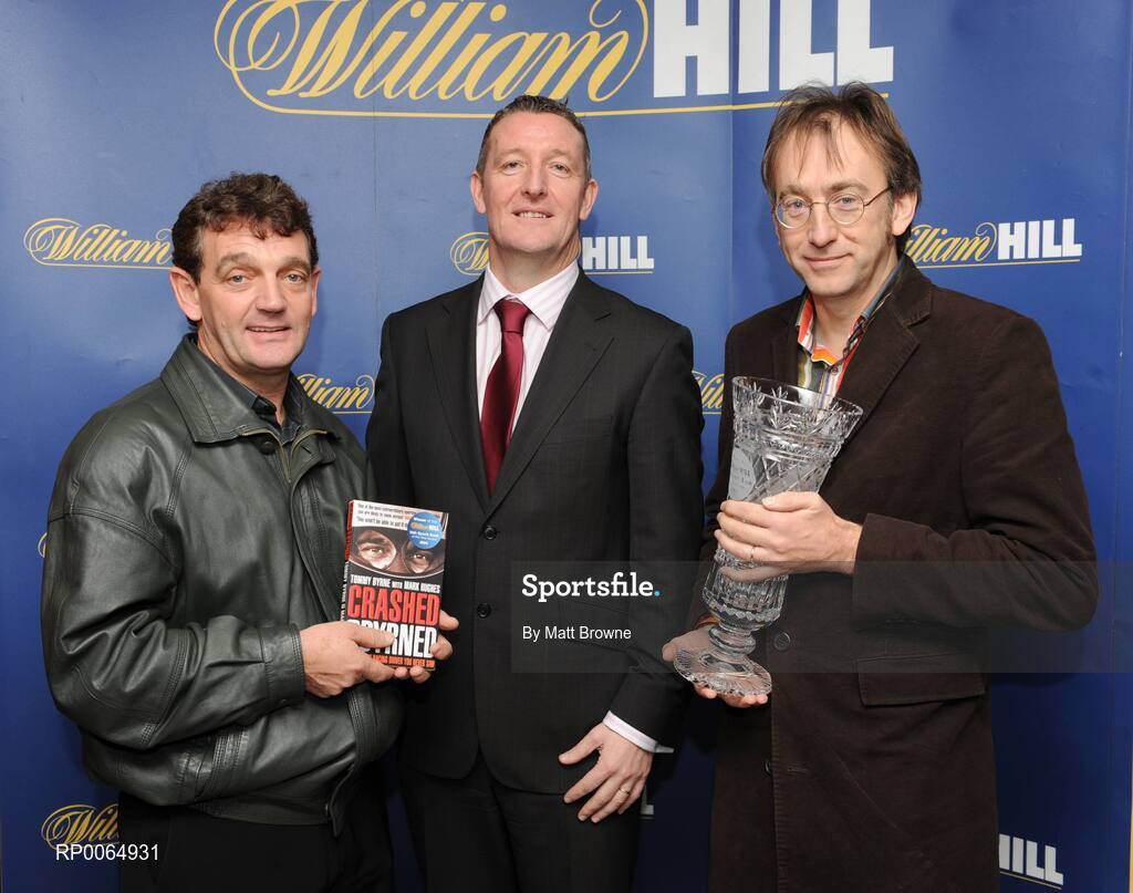 11 December 2008; Crashed and Byrned by former motorsport driver Tommy Byrne with Mark Hughes has today been named the William Hill Irish Sports Book of the Year for 2008. Pictured is Eddie Thompson, William Hill Bookmakers, with Tommy Byrne, left and Author, Mark Hughes at the presentation. William Hill Bookmakers, Dame Street, Dublin. Picture credit: Matt Browne / SPORTSFILE