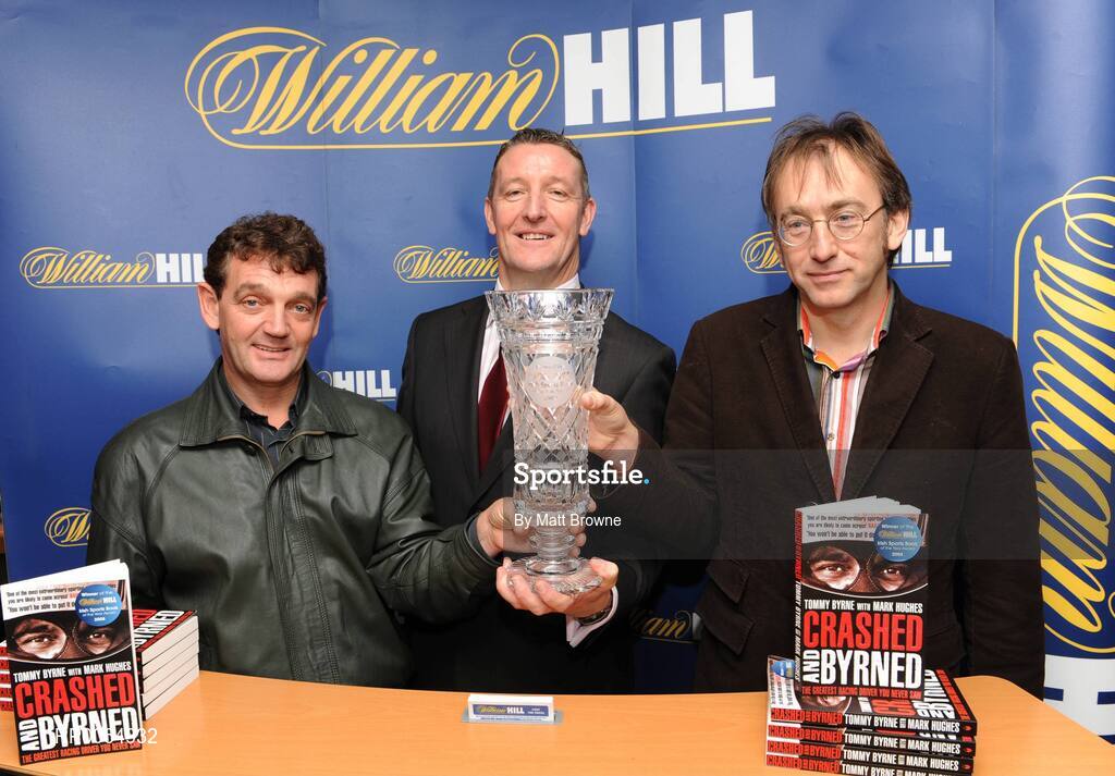 11 December 2008; Crashed and Byrned by former motorsport driver Tommy Byrne with Mark Hughes has today been named the William Hill Irish Sports Book of the Year for 2008. Pictured is Eddie Thompson, William Hill Bookmakers, with Tommy Byrne, left and Author Mark Hughes at the presentation. William Hill Bookmakers, Dame Street, Dublin. Picture credit: Matt Browne / SPORTSFILE
