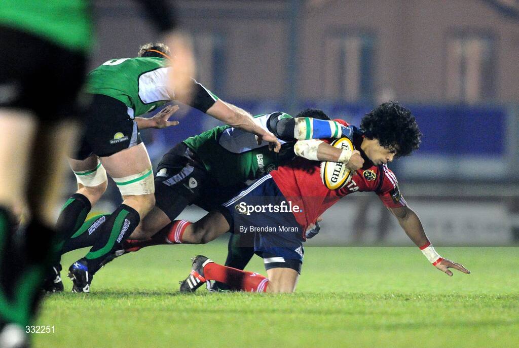28 December 2008; Lifeimi Mafi, Munster, is tackled by Niva Ta'auso, Connacht. Magners League, Connacht v Munster, Sportsground, Galway. Picture credit: Brendan Moran / SPORTSFILE