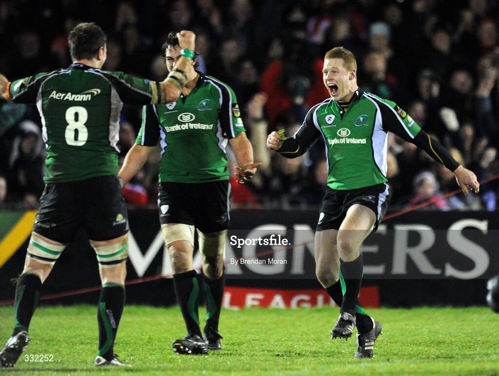 28 December 2008; Liam Bibo, right, Connacht, celebrates with team-mate Colm Rigney, 8, after victory over Munster. Magners League, Connacht v Munster, Sportsground, Galway. Picture credit: Brendan Moran / SPORTSFILE