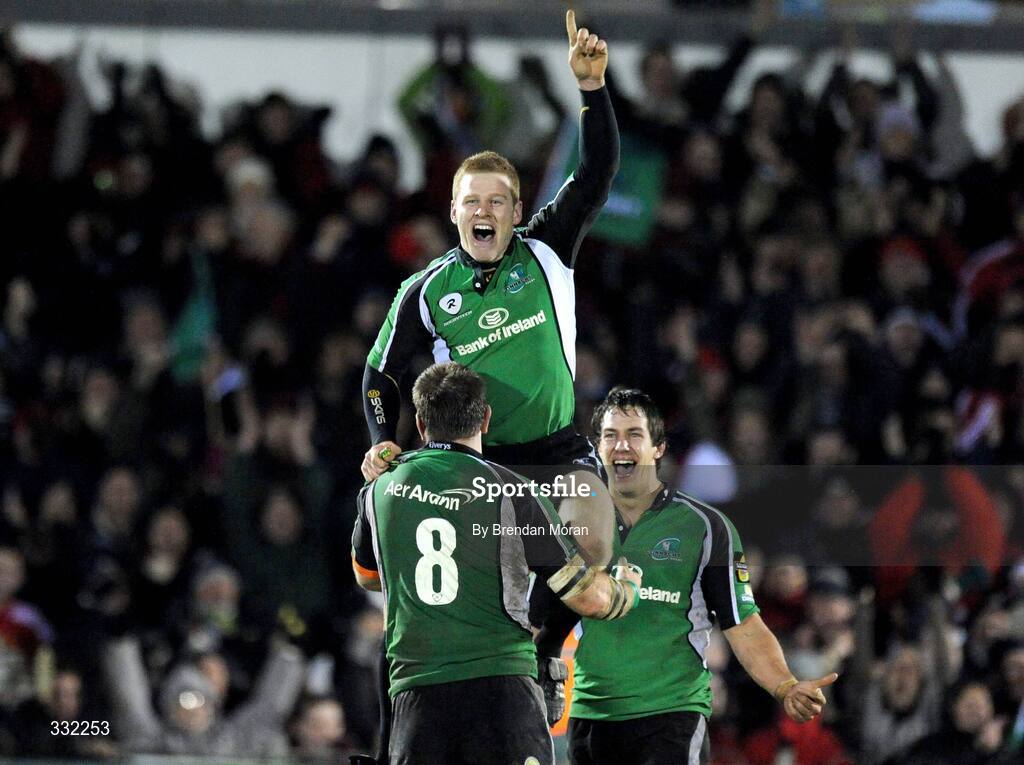 28 December 2008; Liam Bibo, right, Connacht, celebrates with team-mate Colm Rigney, 8, after victory over Munster. Magners League, Connacht v Munster, Sportsground, Galway. Picture credit: Brendan Moran / SPORTSFILE