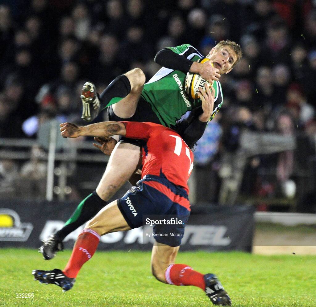 28 December 2008; Gavin Duffy, Connacht, is tackled in the air by Doug Howlett, Munster. Howlett was subsequently sent to the sin-bin as a result of the tackle. Magners League, Connacht v Munster, Sportsground, Galway. Picture credit: Brendan Moran / SPORTSFILE