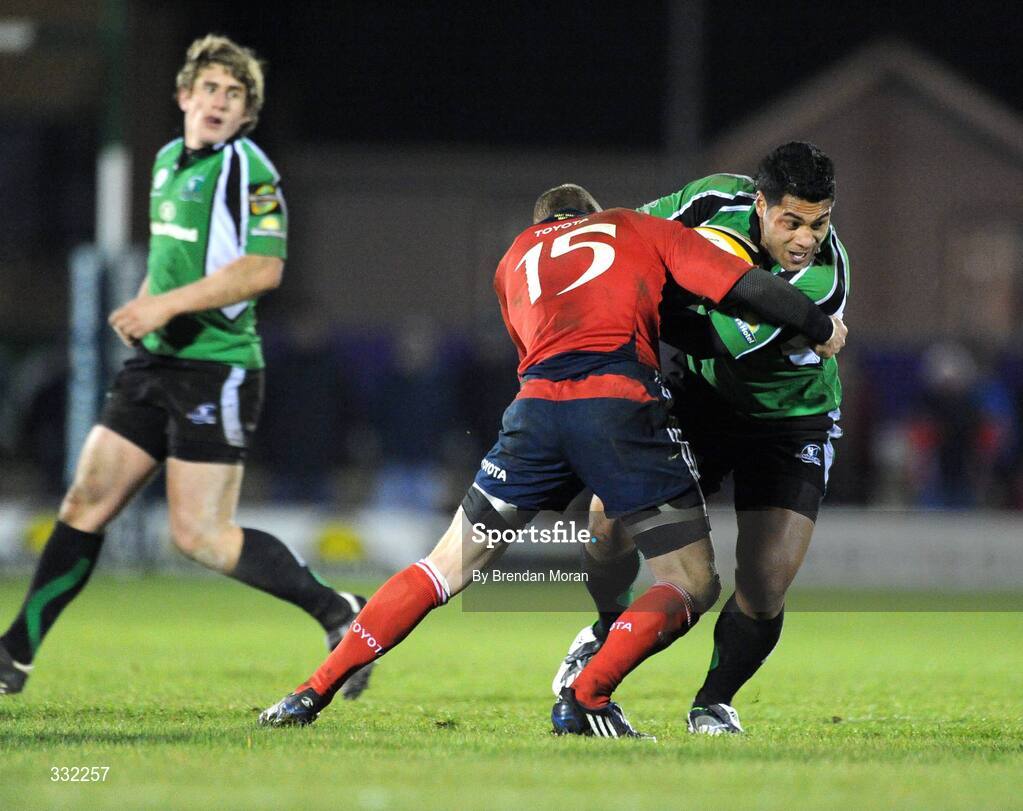 28 December 2008; Niva Ta'auso, Connacht, is tackled by Keith Earls, Munster. Magners League, Connacht v Munster, Sportsground, Galway. Picture credit: Brendan Moran / SPORTSFILE