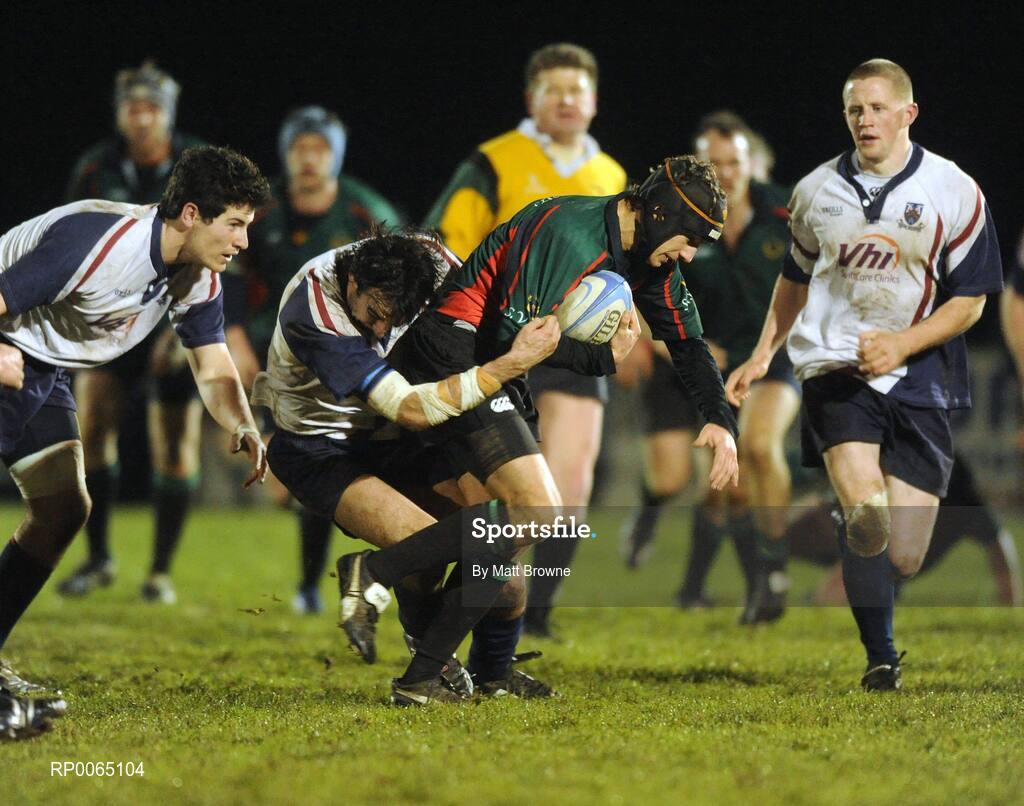 19 December 2008; Beaumont Hospital Rugby Team sponsored by Vhi SwiftCare Clinics raise the Hospitals Cup for the 2nd time in a row! Davy Brennan, St Vincents Hospital, in action against Michael Williams, Beaumont Hospital. Dublin Hospitals Cup Final, Beaumont Hosptial v St Vincents University Hospital, Old Belvedere RFC, Anglesea Road, Dublin. Picture credit: Matt Browne / SPORTSFILE