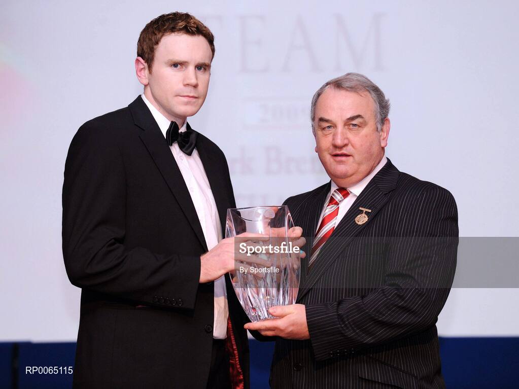 19 December 2008; Mark Brennan, Carlow, is presented with his Christy Ring award by GAA President Nickey Brennan at the 2008 Christy Ring / Nicky Rackard Champion 15 & Rounders All Star Awards. Croke Park, Dublin. Photo by Sportsfile