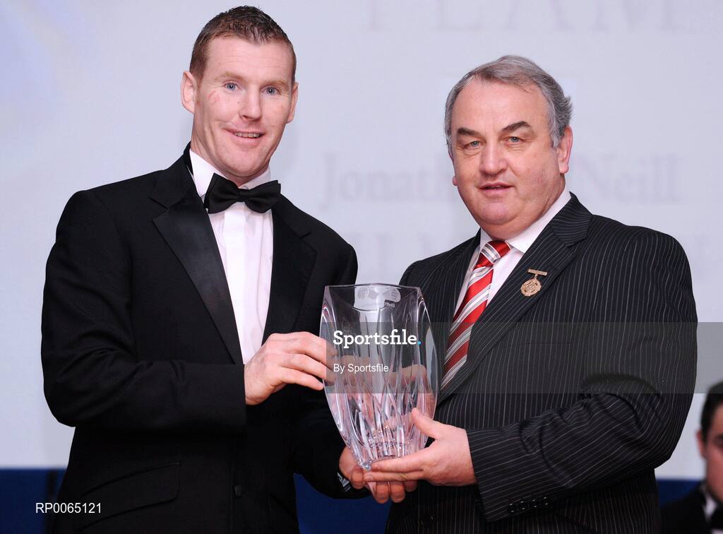 19 December 2008; Jonathan O'Neill, Wicklow, is presented with his Christy Ring award by GAA President Nickey Brennan at the 2008 Christy Ring / Nicky Rackard Champion 15 & Rounders All Star Awards. Croke Park, Dublin. Photo by Sportsfile