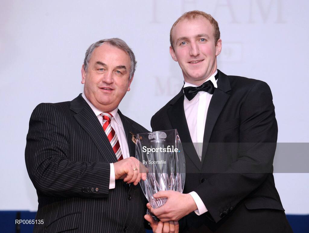 19 December 2008; Mark Burke, Sligo, is presented with his Nicky Rackard award by GAA President Nickey Brennan at the 2008 Christy Ring / Nicky Rackard Champion 15 & Rounders All Star Awards. Croke Park, Dublin. Photo by Sportsfile