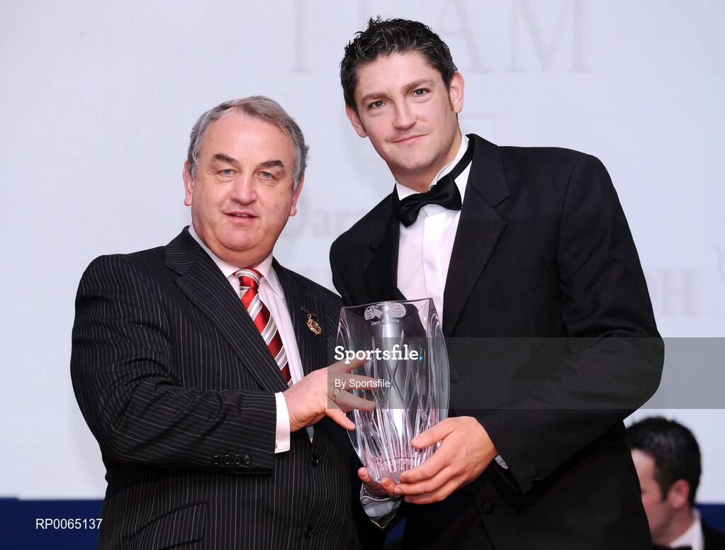 19 December 2008; Dara De Burca, Fingal, is presented with his Nicky Rackard award by GAA President Nickey Brennan at the 2008 Christy Ring / Nicky Rackard Champion 15 & Rounders All Star Awards. Croke Park, Dublin. Photo by Sportsfile