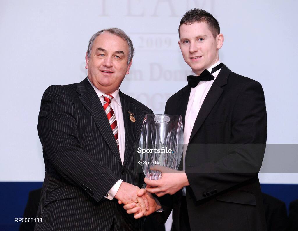 19 December 2008; Stephen Donnelly, Tyrone, is presented with his Nicky Rackard award by GAA President Nickey Brennan at the 2008 Christy Ring / Nicky Rackard Champion 15 & Rounders All Star Awards. Croke Park, Dublin. Photo by Sportsfile