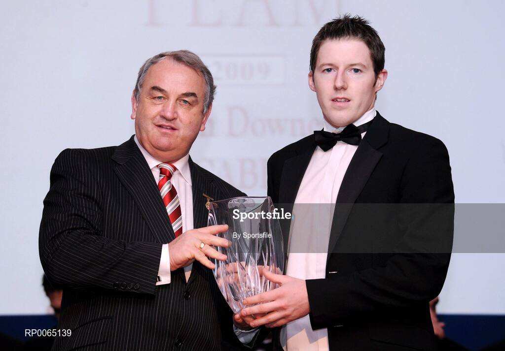 19 December 2008; Kevin Downes, Cavan, is presented with his Nicky Rackard award by GAA President Nickey Brennan at the 2008 Christy Ring / Nicky Rackard Champion 15 & Rounders All Star Awards. Croke Park, Dublin. Photo by Sportsfile