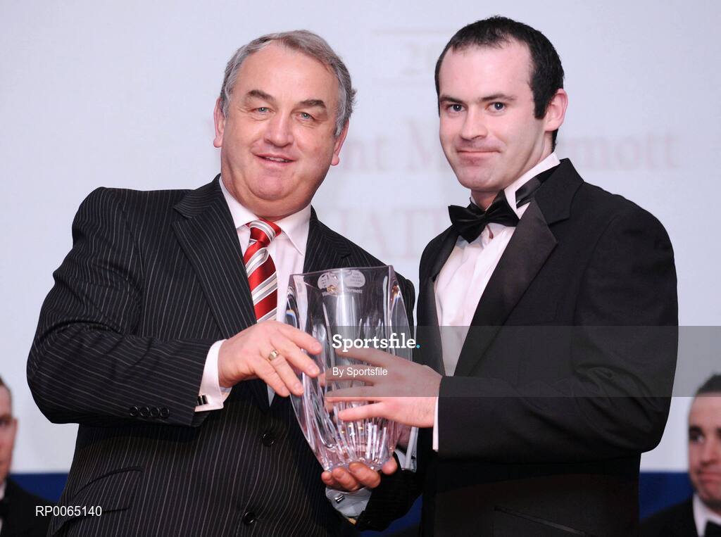 19 December 2008; Vincent McDermott, Leitrim, is presented with his Nicky Rackard award by GAA President Nickey Brennan at the 2008 Christy Ring / Nicky Rackard Champion 15 & Rounders All Star Awards. Croke Park, Dublin. Photo by Sportsfile