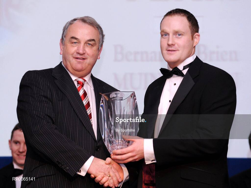 19 December 2008; Bernard O'Brien, Monaghan, is presented with his Nicky Rackard award by GAA President Nickey Brennan at the 2008 Christy Ring / Nicky Rackard Champion 15 & Rounders All Star Awards. Croke Park, Dublin. Photo by Sportsfile