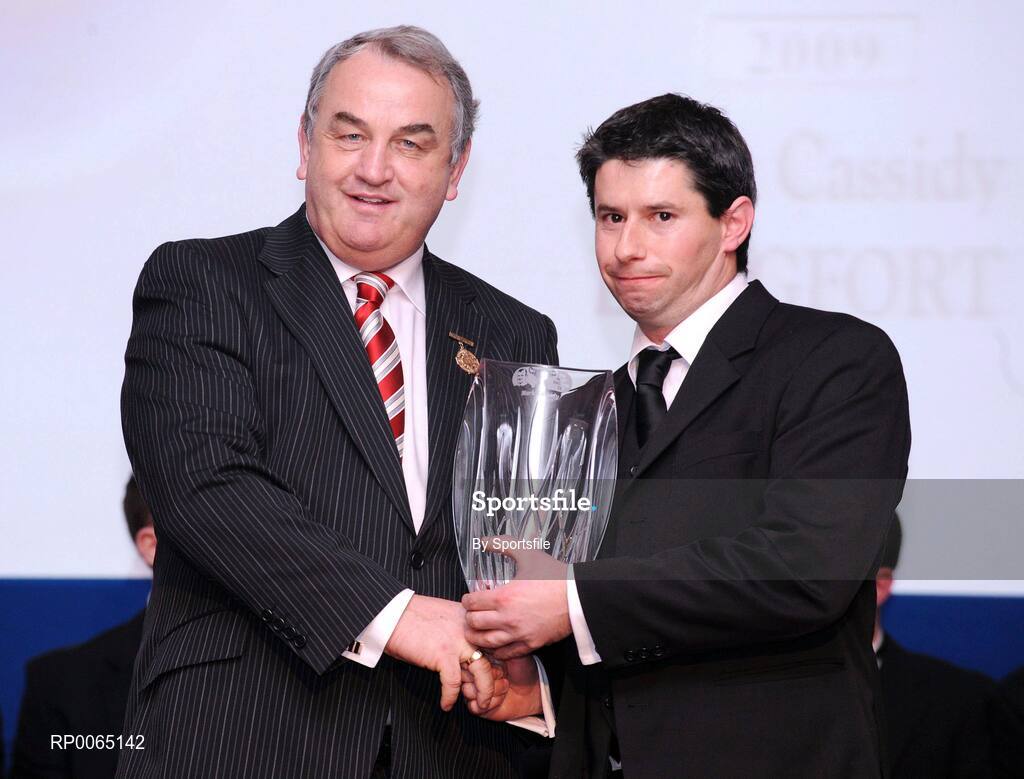 19 December 2008; Mark Cassidy, Longford, is presented with his Nicky Rackard award by GAA President Nickey Brennan at the 2008 Christy Ring / Nicky Rackard Champion 15 & Rounders All Star Awards. Croke Park, Dublin. Photo by Sportsfile