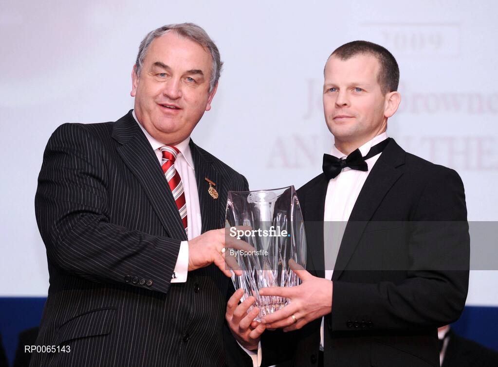 19 December 2008; John Browne, Down, is presented with his Nicky Rackard award by GAA President Nickey Brennan at the 2008 Christy Ring / Nicky Rackard Champion 15 & Rounders All Star Awards. Croke Park, Dublin. Photo by Sportsfile