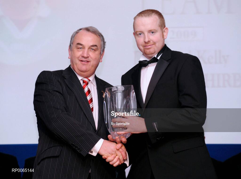 19 December 2008; Desmond Kelly, Warwickshire, is presented with his Nicky Rackard award by GAA President Nickey Brennan at the 2008 Christy Ring / Nicky Rackard Champion 15 & Rounders All Star Awards. Croke Park, Dublin. Photo by Sportsfile