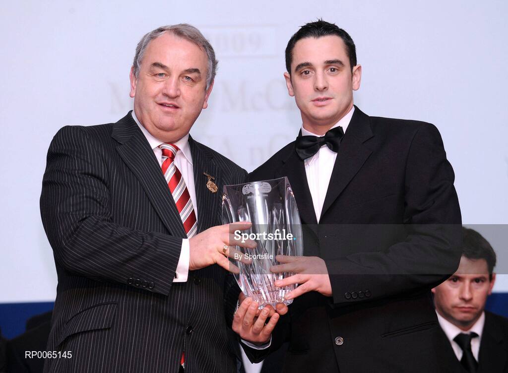 19 December 2008; Mickey McCann, Donegal, is presented with his Nicky Rackard award by GAA President Nickey Brennan at the 2008 Christy Ring / Nicky Rackard Champion 15 & Rounders All Star Awards. Croke Park, Dublin. Photo by Sportsfile