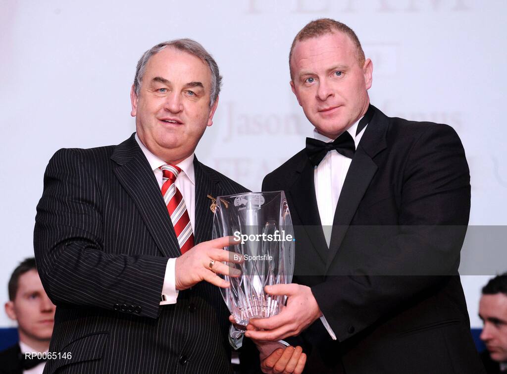 19 December 2008; Jason McManus, Fermanagh, is presented with his Nicky Rackard award by GAA President Nickey Brennan at the 2008 Christy Ring / Nicky Rackard Champion 15 & Rounders All Star Awards. Croke Park, Dublin. Photo by Sportsfile