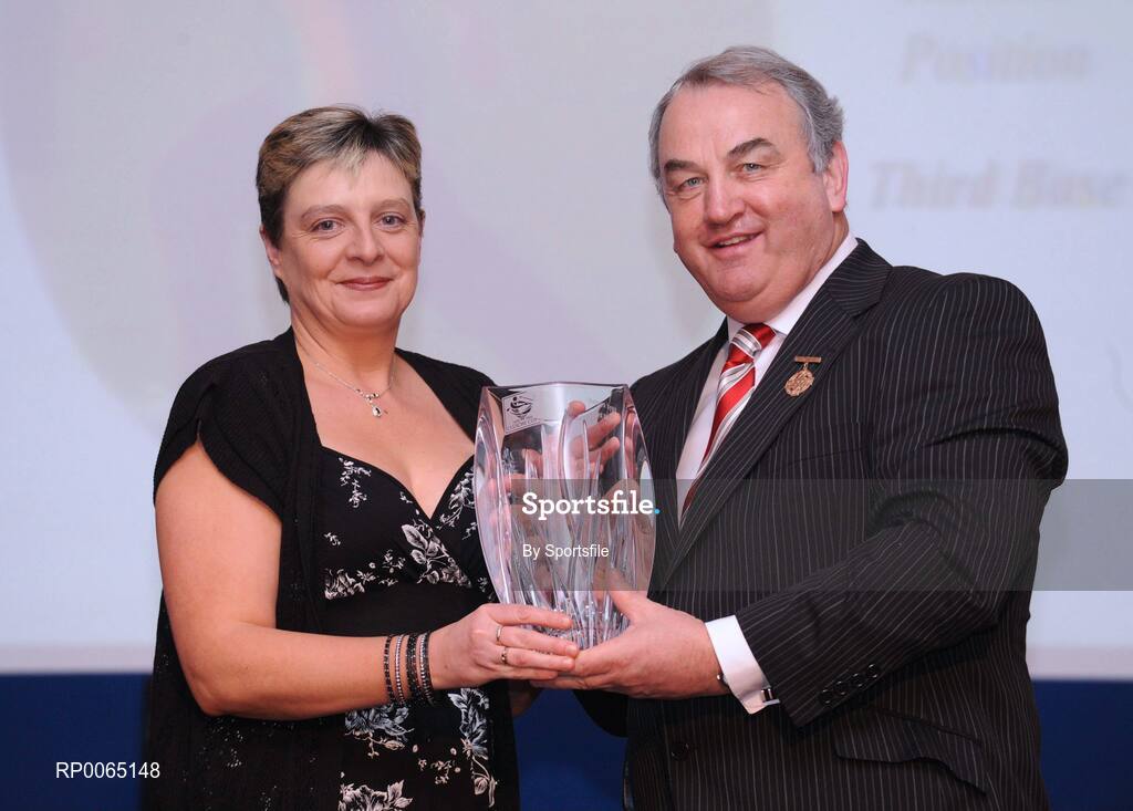 19 December 2008; Barbara Lygo, Wolfe Tones, Kildare, is presented with her National GAA Rounders All Star award  by GAA President Nickey Brennan at the 2008 Christy Ring / Nicky Rackard Champion 15 & Rounders All Star Awards. Croke Park, Dublin. Photo by Sportsfile