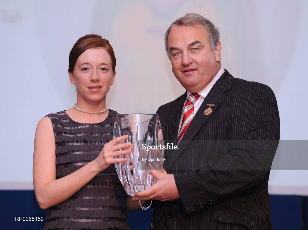 19 December 2008; Rosaleen Reilly, Erne Eagles, Cavan, is presented with her National GAA Rounders All Star award  by GAA President Nickey Brennan at the 2008 Christy Ring / Nicky Rackard Champion 15 & Rounders All Star Awards. Croke Park, Dublin. Photo by Sportsfile
