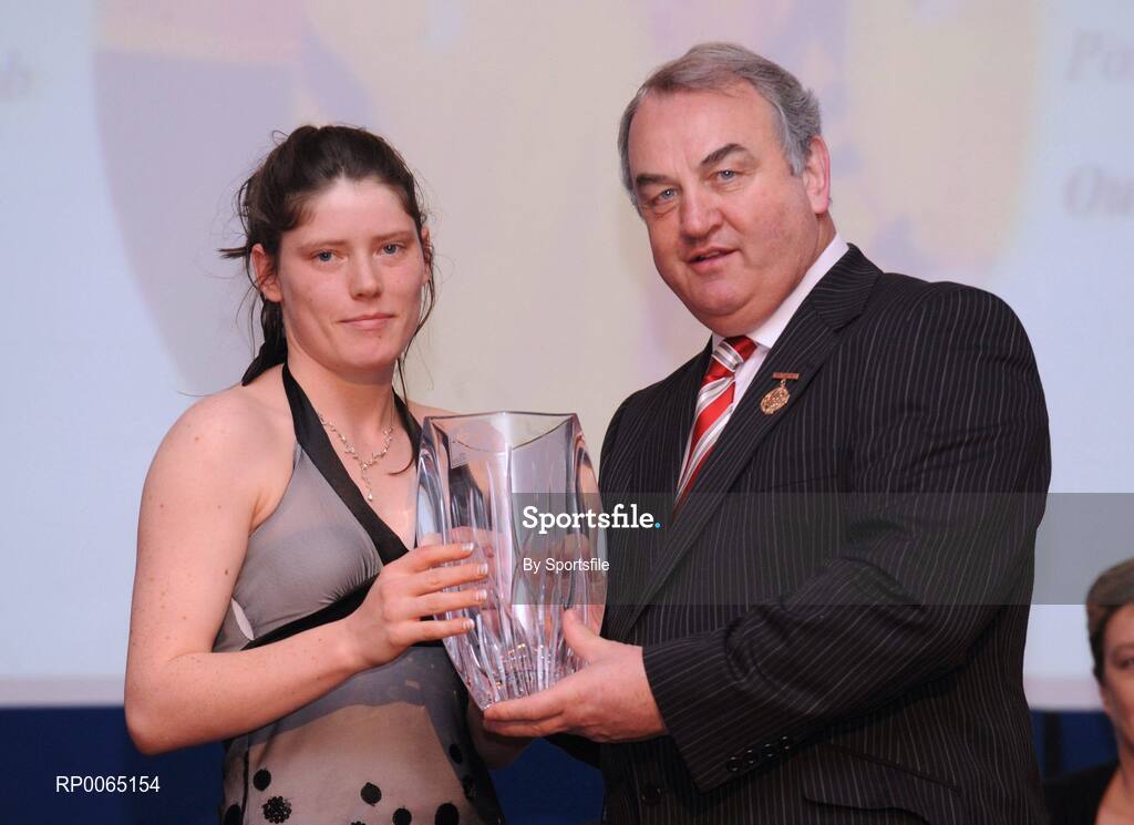 19 December 2008; Colette McCaul, St. Claire's, Cavan, is presented with her National GAA Rounders All Star award  by GAA President Nickey Brennan at the 2008 Christy Ring / Nicky Rackard Champion 15 & Rounders All Star Awards. Croke Park, Dublin. Photo by Sportsfile
