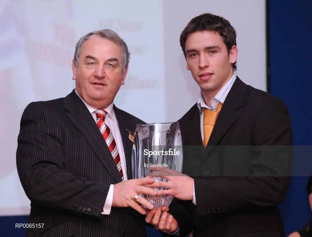 19 December 2008; Hugh Briody, Erne Eagles, Cavan, is presented with his National GAA Rounders All Star award  by GAA President Nickey Brennan at the 2008 Christy Ring / Nicky Rackard Champion 15 & Rounders All Star Awards. Croke Park, Dublin. Photo by Sportsfile