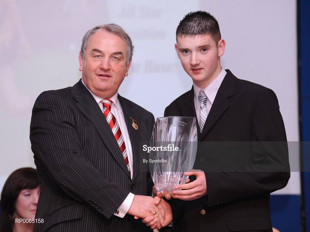 19 December 2008; Cathal Whelan, The Heath, Laois, is presented with his National GAA Rounders All Star award  by GAA President Nickey Brennan at the 2008 Christy Ring / Nicky Rackard Champion 15 & Rounders All Star Awards. Croke Park, Dublin. Photo by Sportsfile