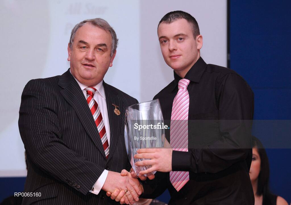 19 December 2008; Colm Brennan, Cuchulainn, Carlow, is presented with his National GAA Rounders All Star award  by GAA President Nickey Brennan at the 2008 Christy Ring / Nicky Rackard Champion 15 & Rounders All Star Awards. Croke Park, Dublin. Photo by Sportsfile