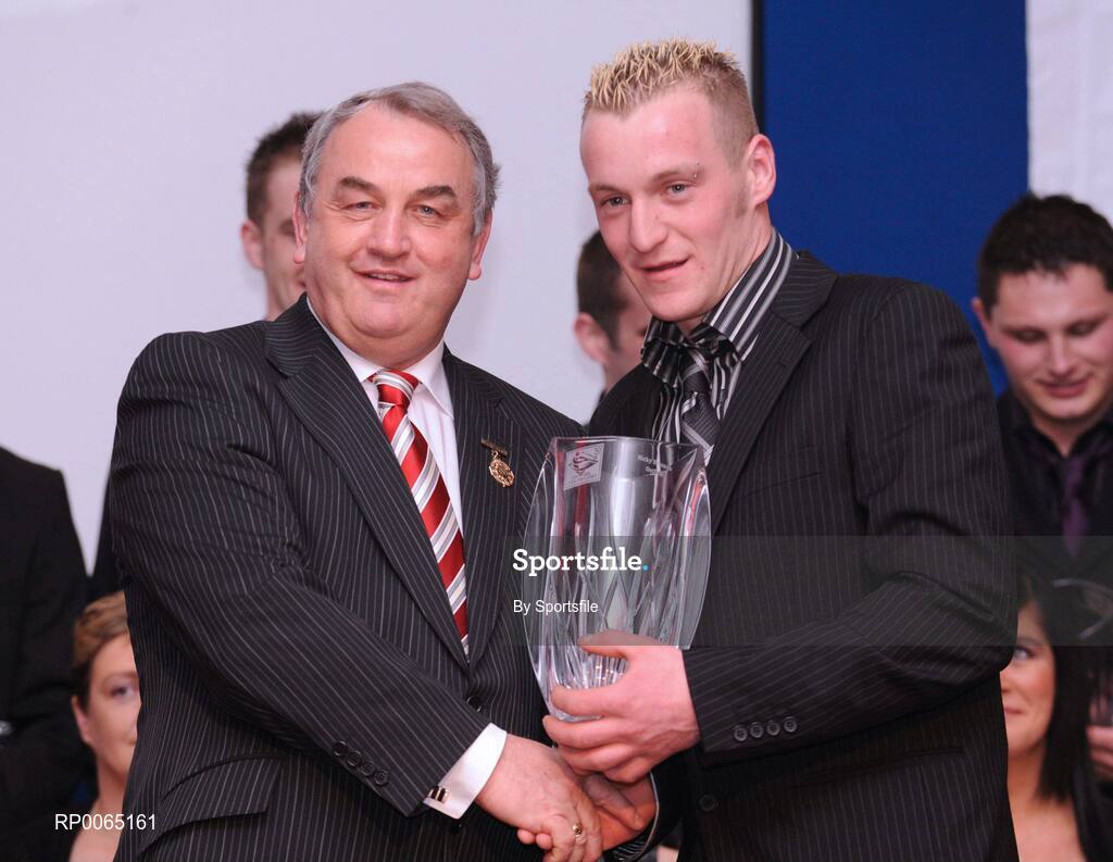 19 December 2008; Nicky Brennan, Cuchulainn, Carlow, is presented with his National GAA Rounders All Star award  by GAA President Nickey Brennan at the 2008 Christy Ring / Nicky Rackard Champion 15 & Rounders All Star Awards. Croke Park, Dublin. Photo by Sportsfile