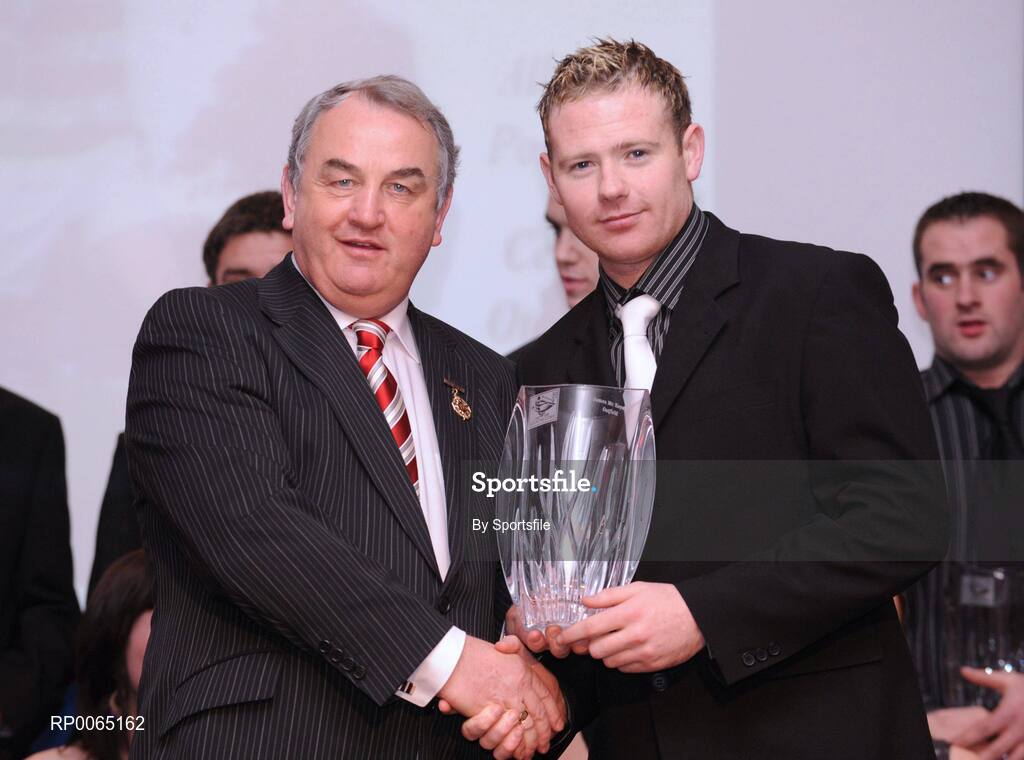19 December 2008; James McKeown, St. Claire's, Cavan, is presented with his National GAA Rounders All Star award  by GAA President Nickey Brennan at the 2008 Christy Ring / Nicky Rackard Champion 15 & Rounders All Star Awards. Croke Park, Dublin. Photo by Sportsfile