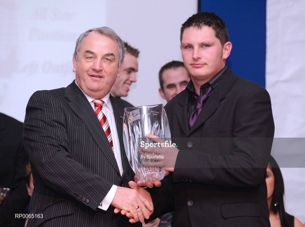19 December 2008; Matty Dowling, Cuchulainn, Carlow, is presented with his National GAA Rounders All Star award  by GAA President Nickey Brennan at the 2008 Christy Ring / Nicky Rackard Champion 15 & Rounders All Star Awards. Croke Park, Dublin. Photo by Sportsfile