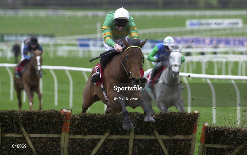 16 March 2000; Young American, with Paul Moloney up, clears the last in the Elite Racing Club Triumph hurdle during day three of the Cheltenham Racing Festival at Prestbury Park in Cheltenham, England. Photo by Matt Browne/Sportsfile