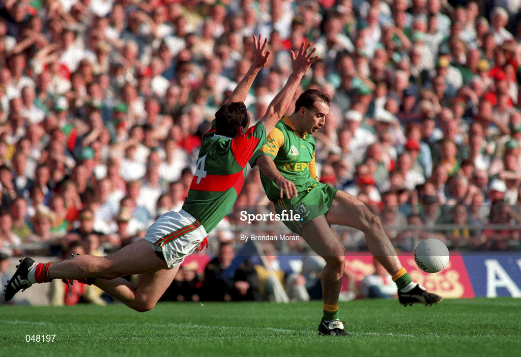 15 September 1996; Jody Devine, Meath in action against Dermot Flanagan, Mayo, Meath v Mayo, All-Ireland Football Final, Dublin. Picture credit; Brendan Moran/SPORTSFILE