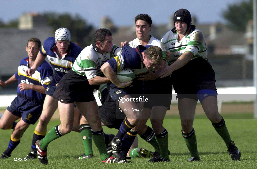 30 September 2000; Eric Miller of Leinster is tackled by Connacht players, from left, Eric Elwood, Shane Stephens and Damien Browne during the Guinness Interprovincial Rugby championship match between Connacht and Leinster at the Sportsground in Galway. Photo by Matt Browne/Sportsfile