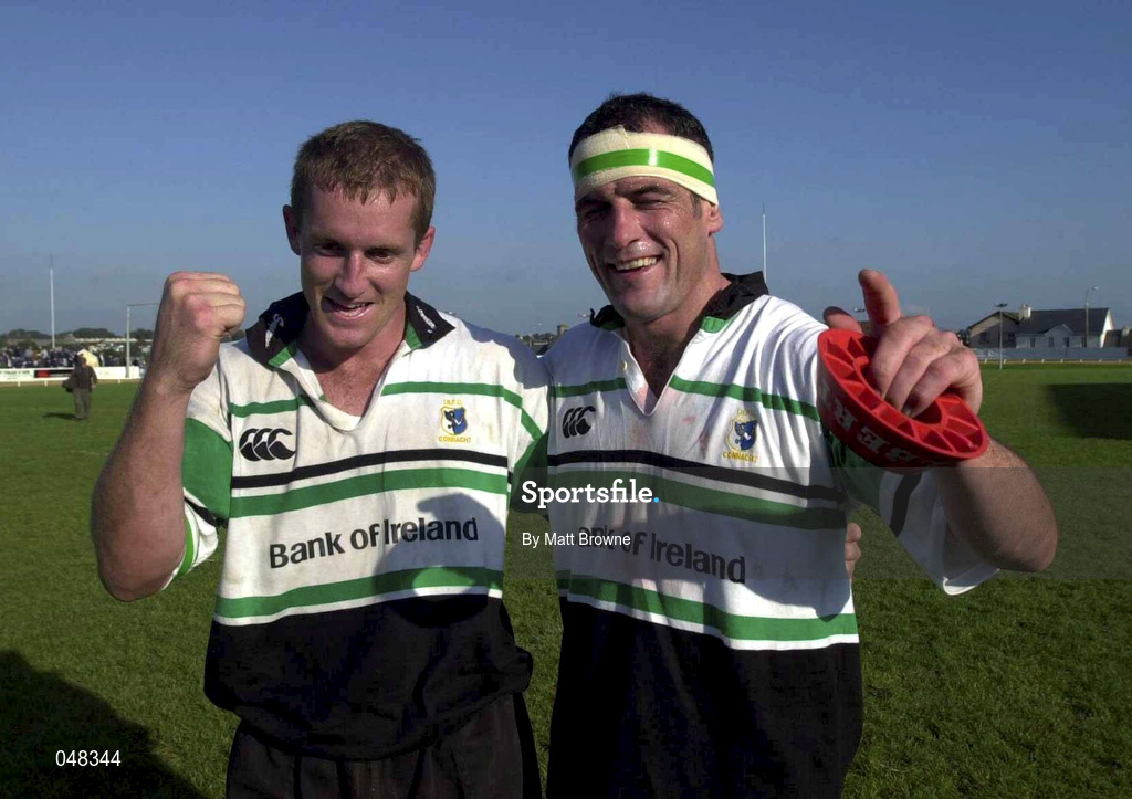 30 September 2000; Pat Duignan, left, and Eric Elwood of Connacht celebrate following the Guinness Interprovincial Rugby championship match between Connacht and Leinster at the Sportsground in Galway. Photo by Matt Browne/Sportsfile